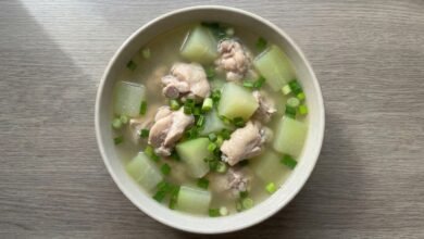 A bowl of Cambodian chicken chayote squash soup with tender chicken, pale green chayote cubes, and chopped green onions in a clear broth.