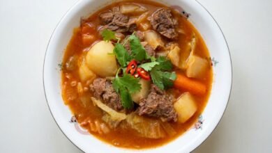 Overhead view of Khmer Vegetables Beef Soup with beef, potatoes, carrots, daikon, and cabbage in a tomato-based broth.