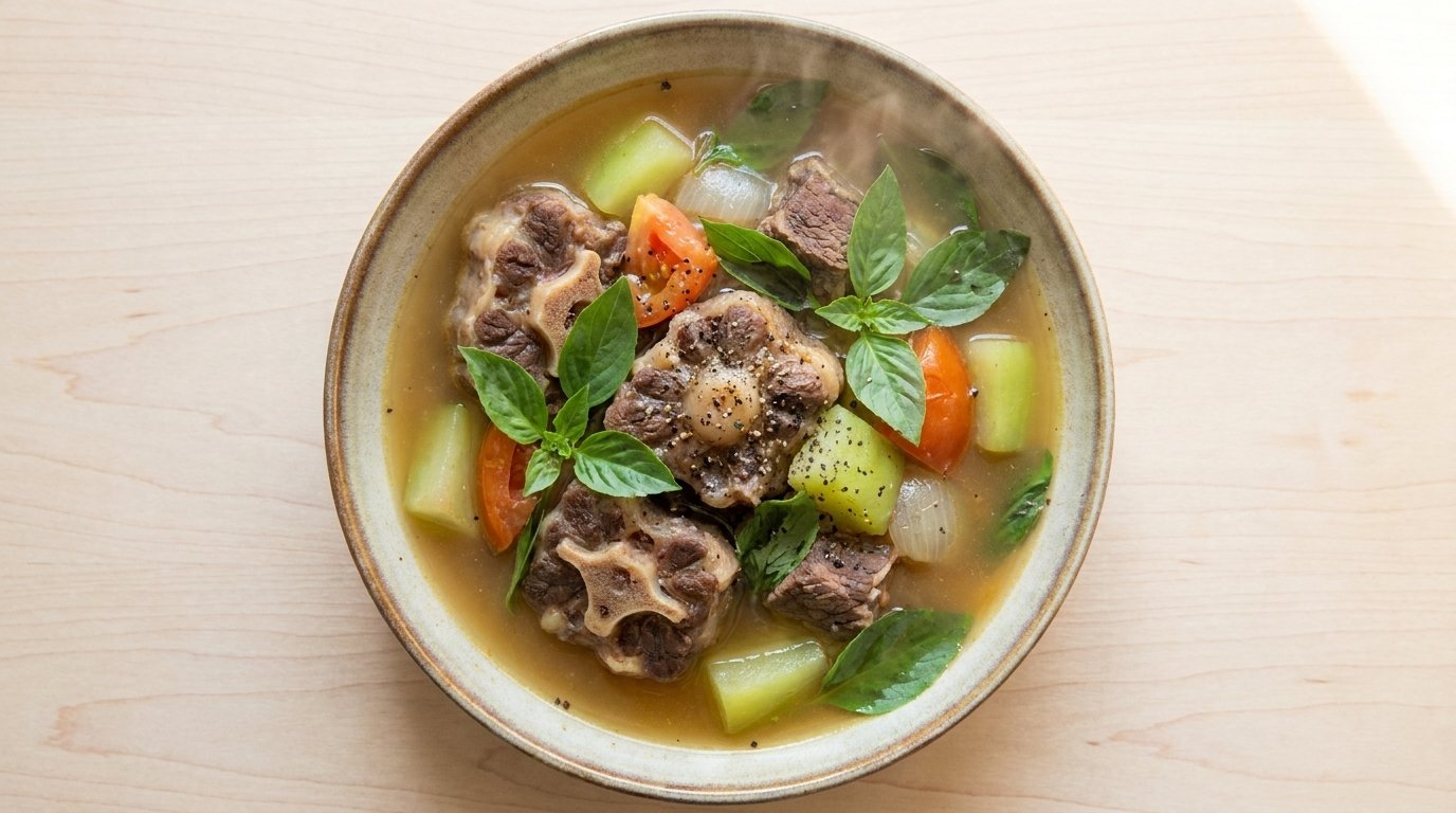 A bowl of Cambodian Oxtail Basil Stew with tender oxtail, beef chuck, green papaya, tomato, and fresh sweet basil in a light broth.