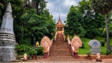 View of Wat Phnom temple at the top of the hill in Phnom Penh, Cambodia