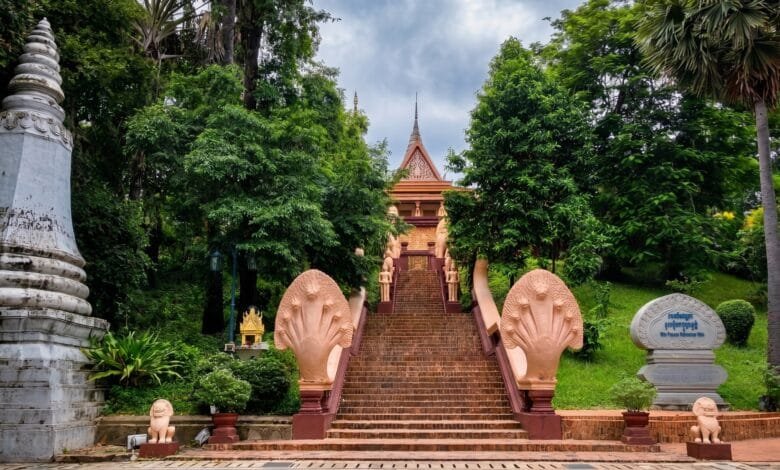 View of Wat Phnom temple at the top of the hill in Phnom Penh, Cambodia