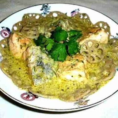 Green Curry Salmon with Lotus Shoot
