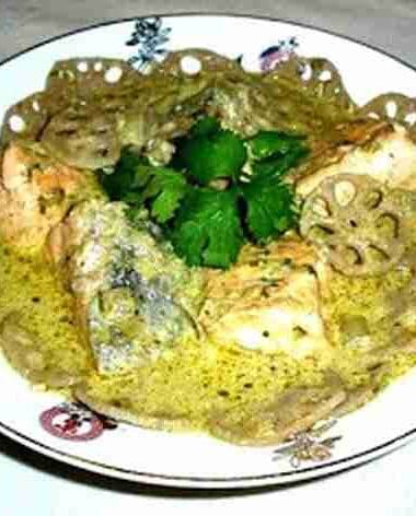 Green Curry Salmon with Lotus Shoot