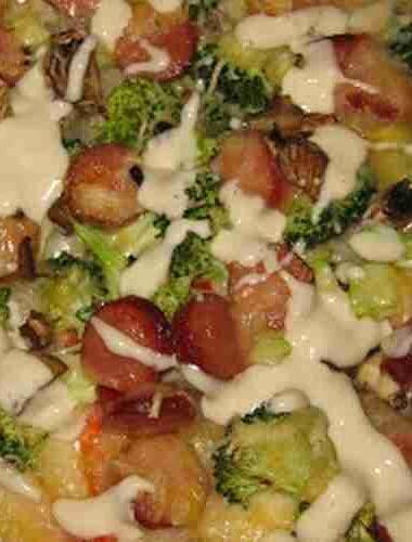 Homemade Alfredo Veggie and Hot Dog Pizza
