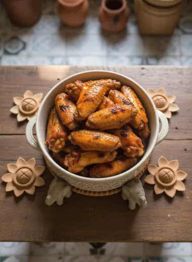 Bowl of baked Cambodian chicken wings with glossy honey glaze