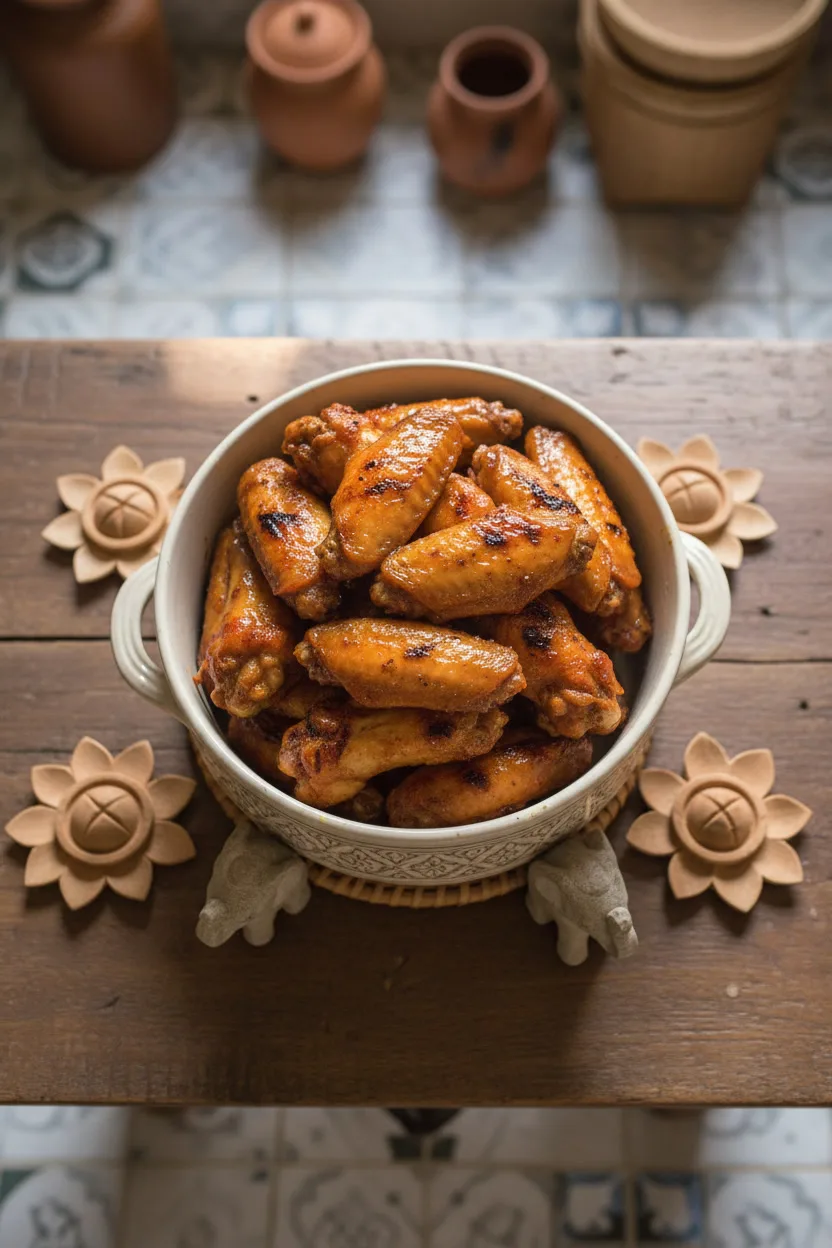 Bowl of baked Cambodian chicken wings with glossy honey glaze