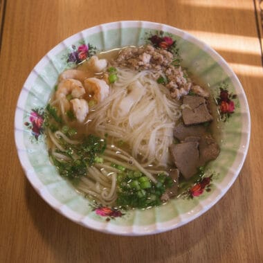 Traditional Cambodian Phnom Penh noodle soup in a bowl