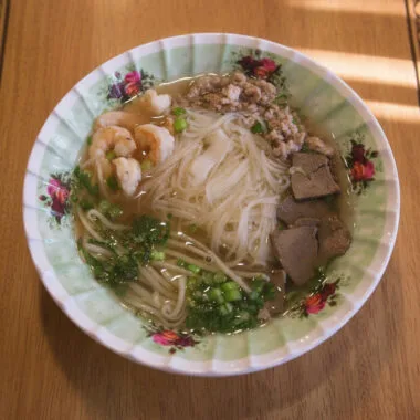 Traditional Cambodian Phnom Penh noodle soup in a bowl