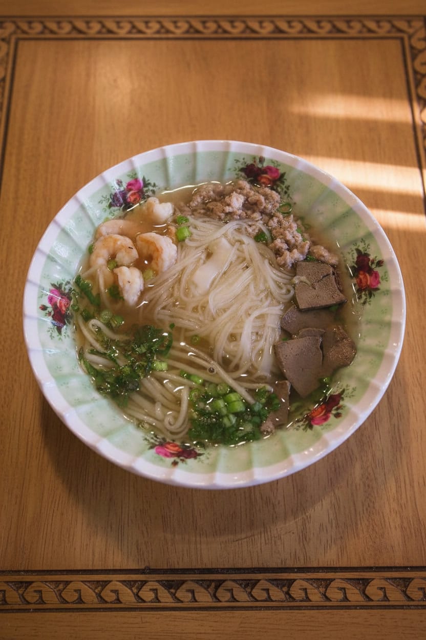 Traditional Cambodian Phnom Penh noodle soup in a bowl
