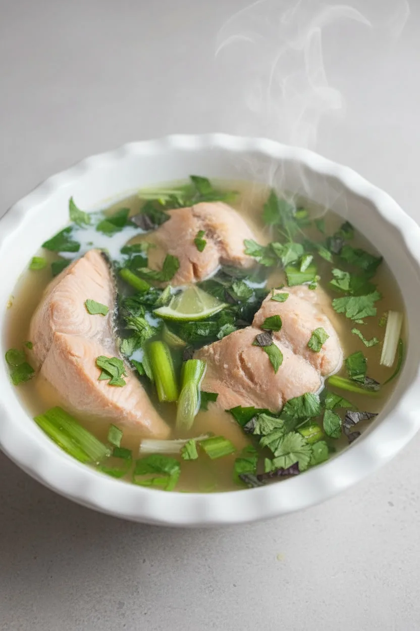 Cambodian salmon lime soup with fresh herbs served in a bowl