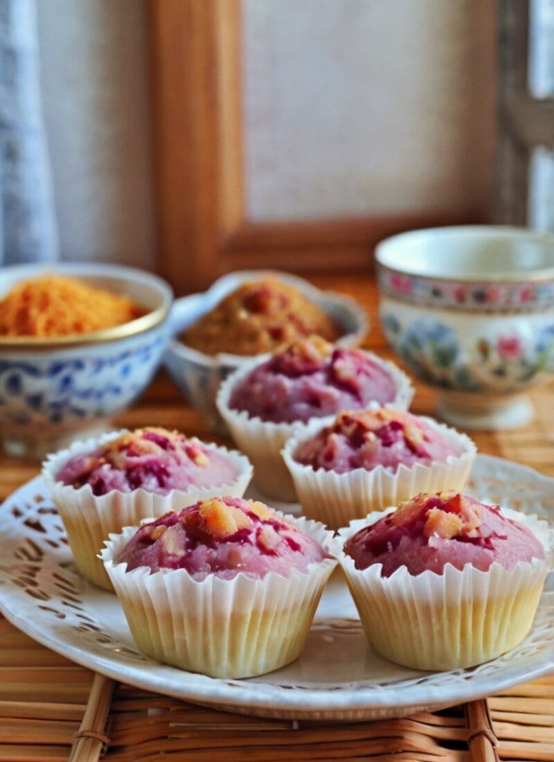 Chinese Sweet Potato Coconut Huat Kueh – fluffy steamed rice cakes made with purple sweet potato and topped with shredded coconut