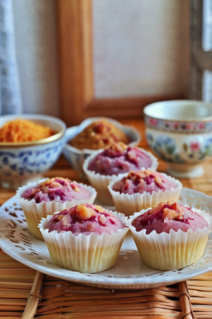Chinese Sweet Potato Coconut Huat Kueh – fluffy steamed rice cakes made with purple sweet potato and topped with shredded coconut