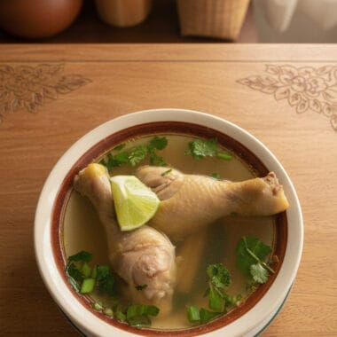 Cambodian chicken lemon soup in a bowl