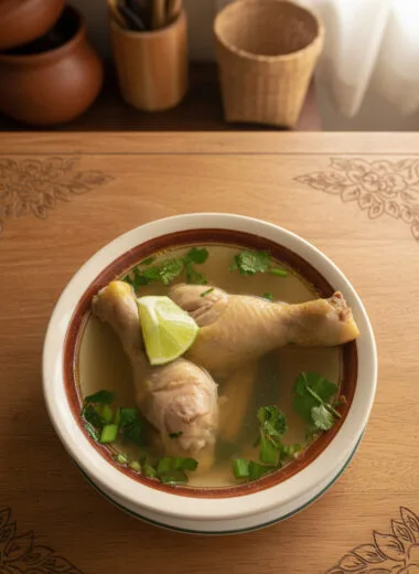 Cambodian chicken lemon soup in a bowl
