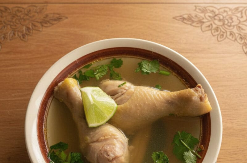 Cambodian chicken lemon soup in a bowl