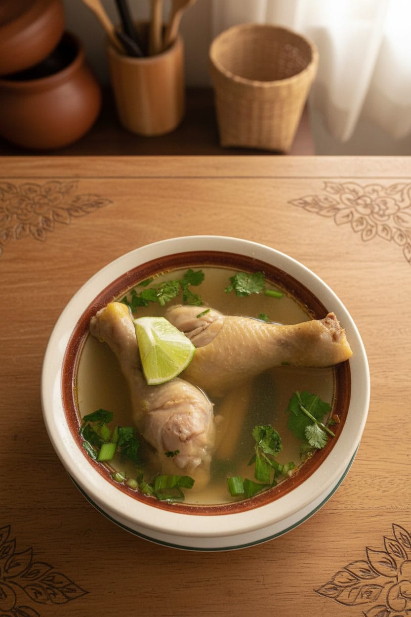 Cambodian chicken lemon soup in a bowl