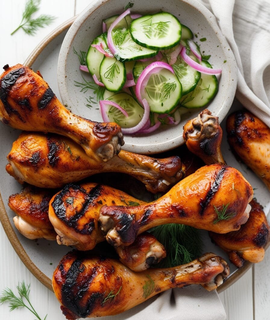 Grilled Chicken Drumsticks with Cucumber Salad