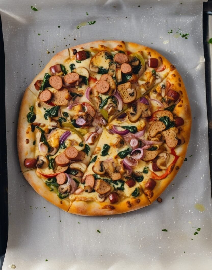 Homemade Alfredo Veggie and Hot Dog Pizza