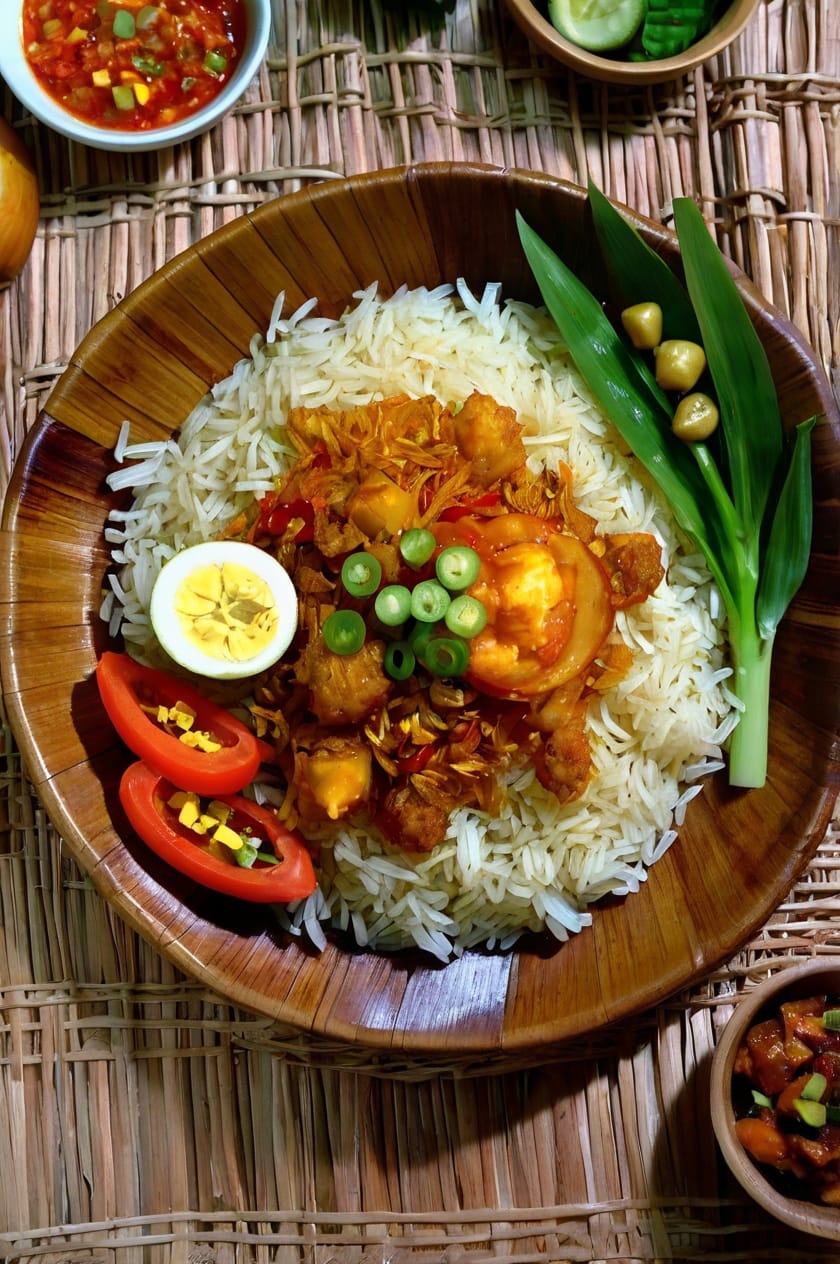 Cone-shaped Indonesian turmeric rice with side dishes on a banana leaf.