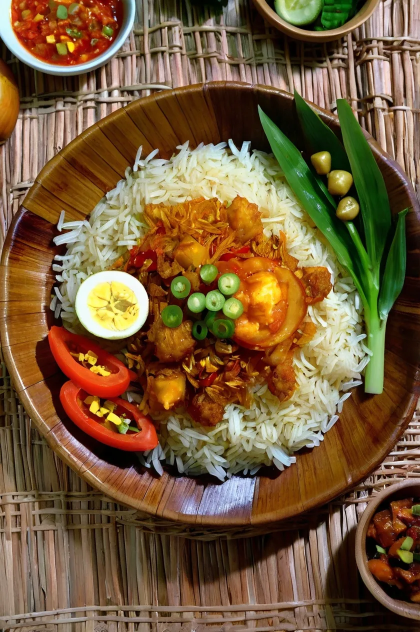 Cone-shaped Indonesian turmeric rice with side dishes on a banana leaf.