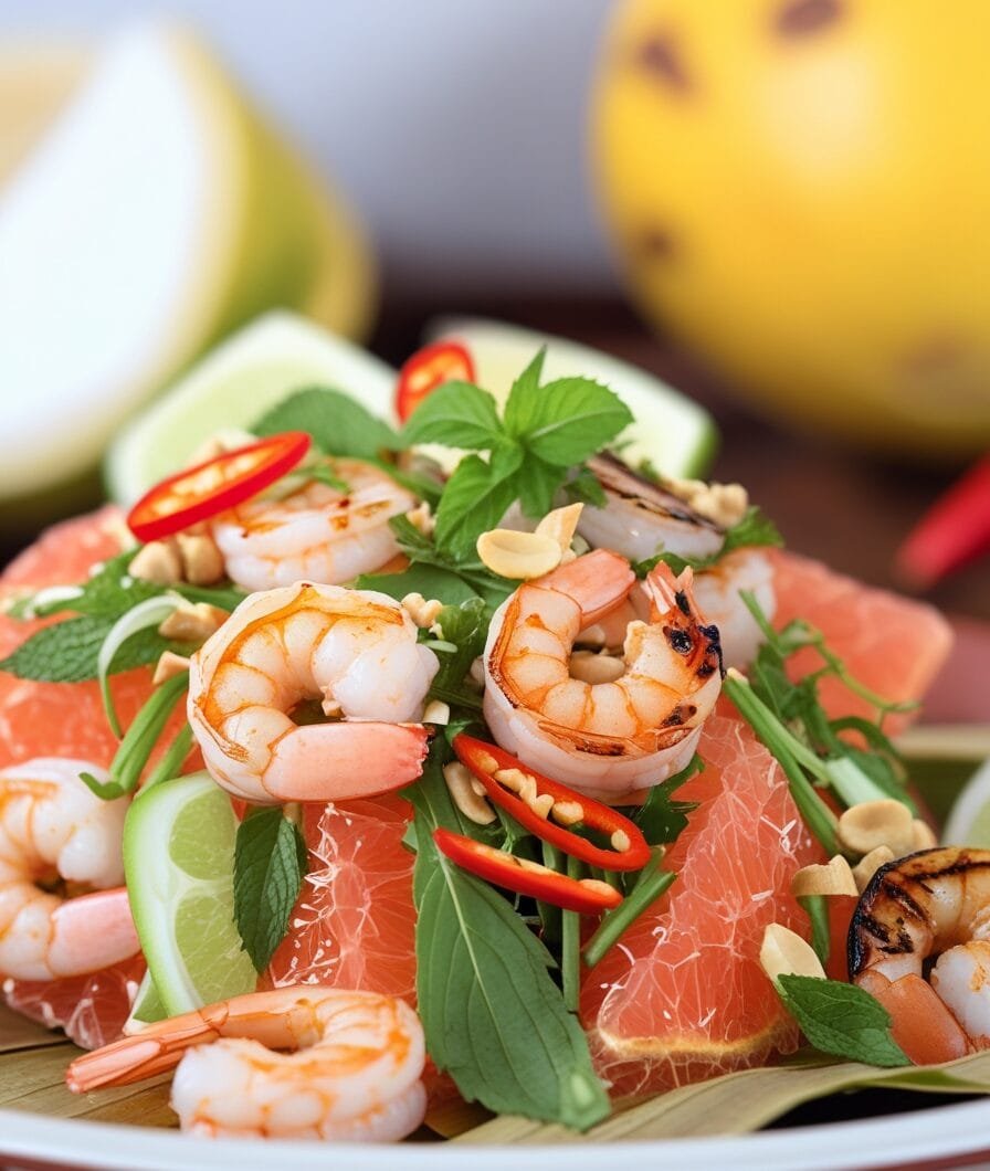 Khmer Grapefruit and Pomelo Salad with Grilled Shrimp