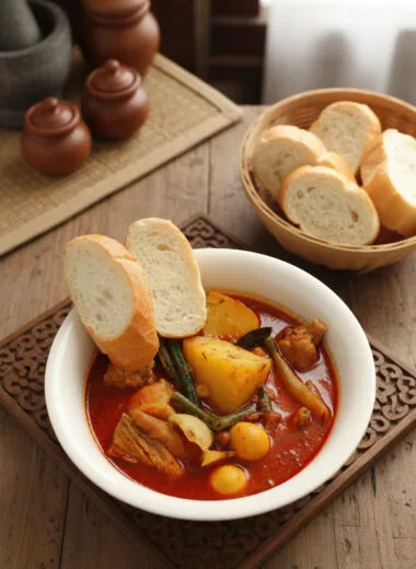 Traditional Khmer red chicken curry in a bowl