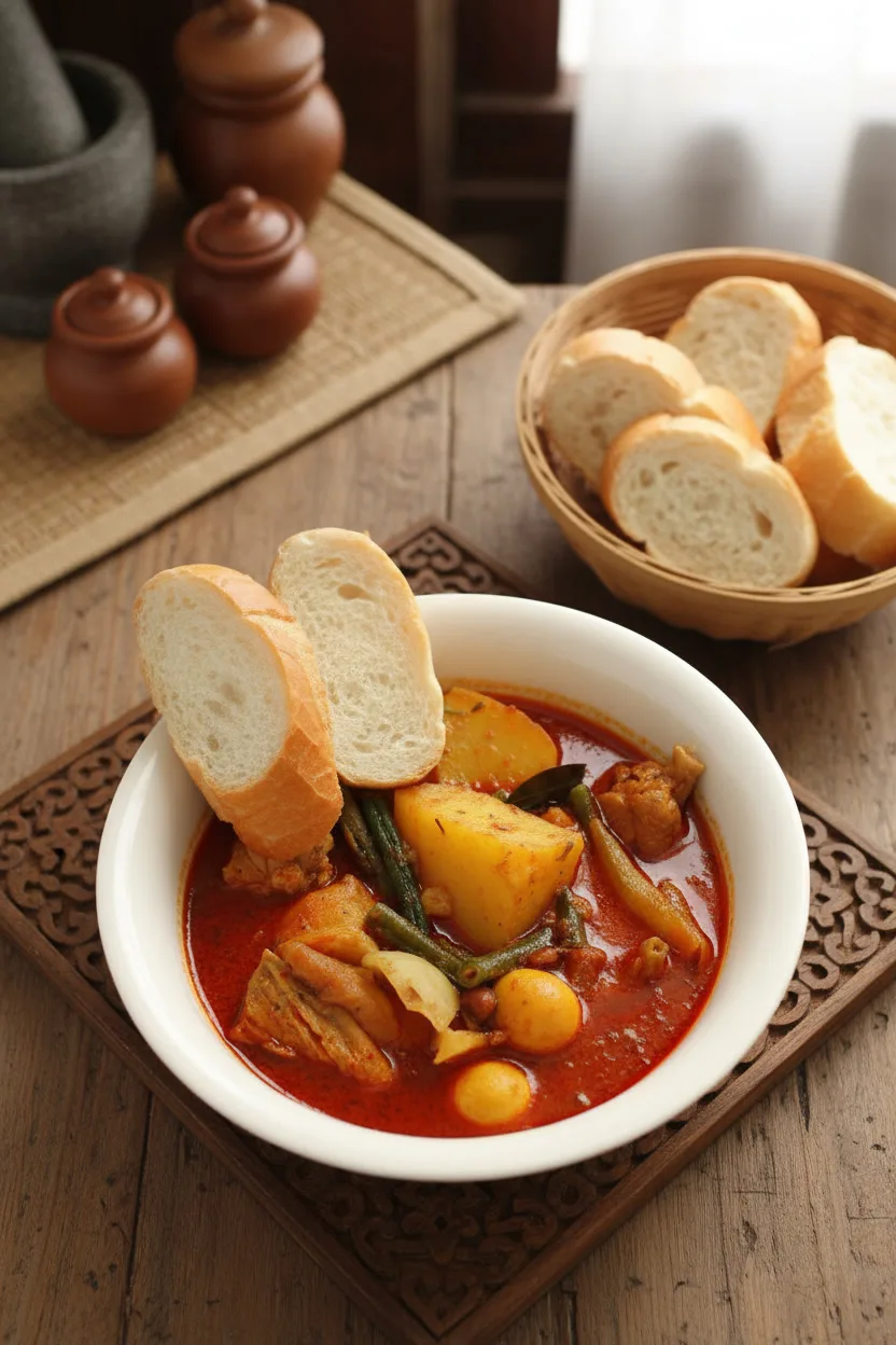 Traditional Khmer red chicken curry in a bowl