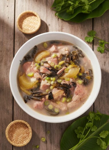 Text: Bowl of Cambodian Pork Hock with Pickle Mustard Green Soup on wooden table with soft natural light