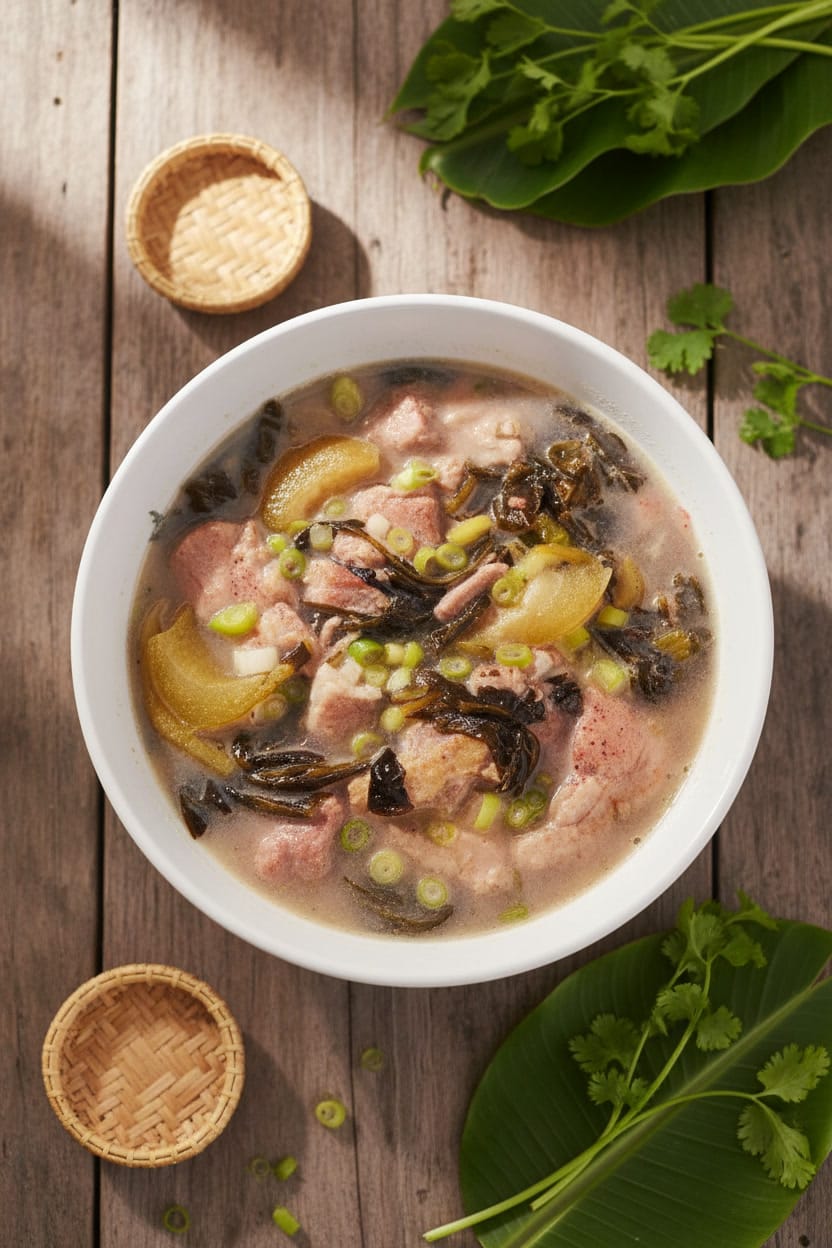 Text: Bowl of Cambodian Pork Hock with Pickle Mustard Green Soup on wooden table with soft natural light