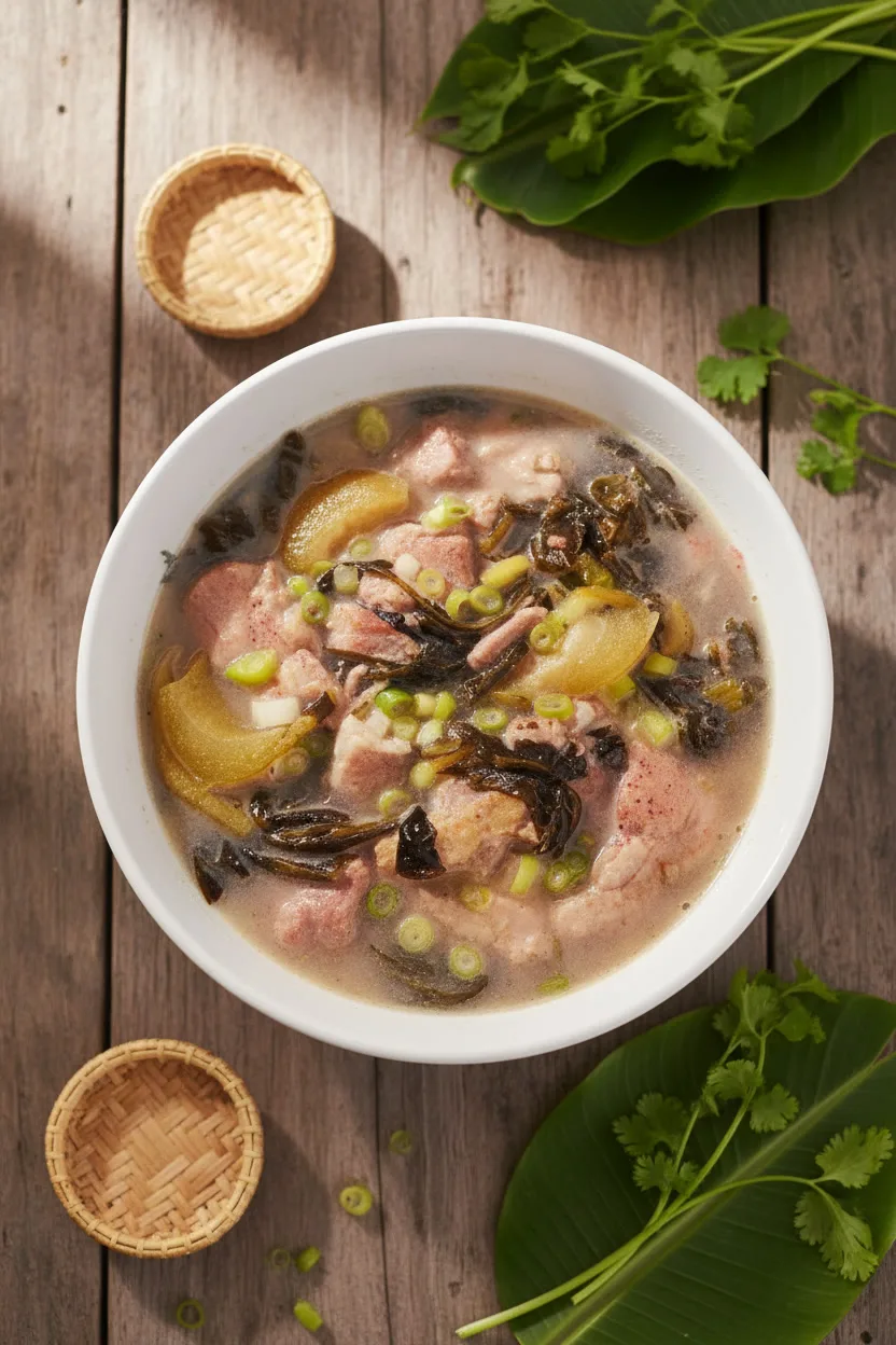 Text: Bowl of Cambodian Pork Hock with Pickle Mustard Green Soup on wooden table with soft natural light