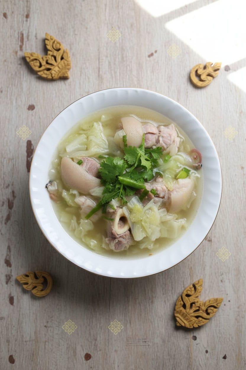 Centered bowl of pork hocks and cabbage soup in Khmer kitchen