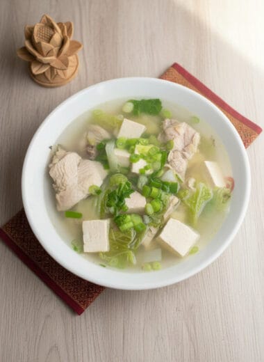 Top view of Tofu Chicken Soup in a bowl