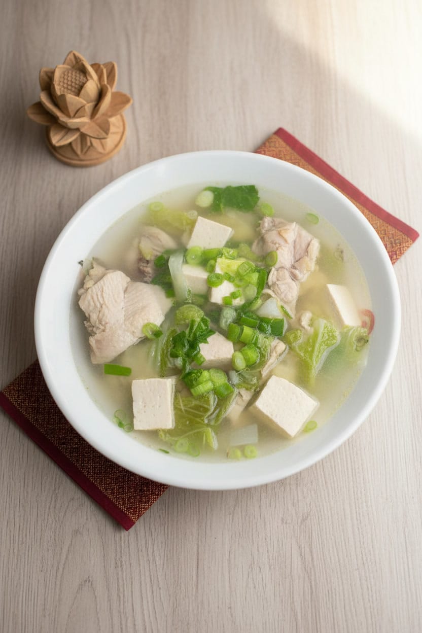 Top view of Tofu Chicken Soup in a bowl
