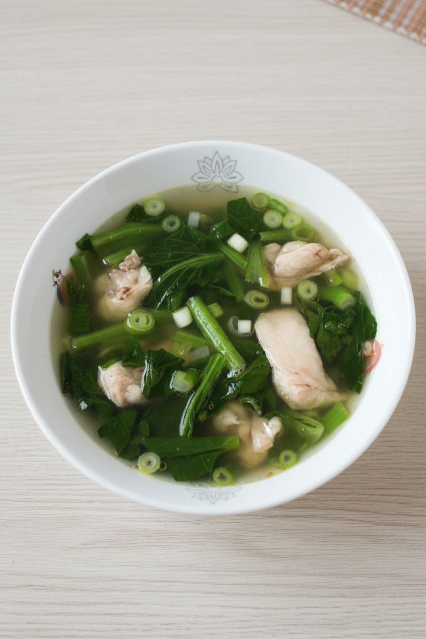 Cambodian yuchoy with chicken soup in a bowl