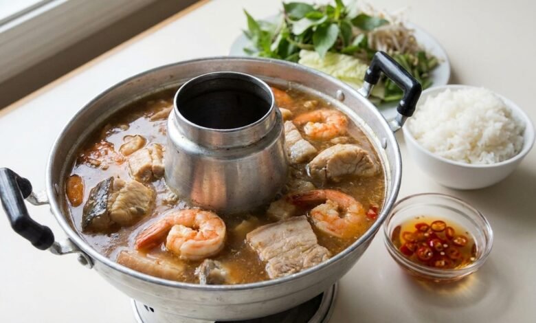 Overhead view of a Cambodian seafood hot pot with catfish, shrimp, pork belly, and light fermented fish broth.