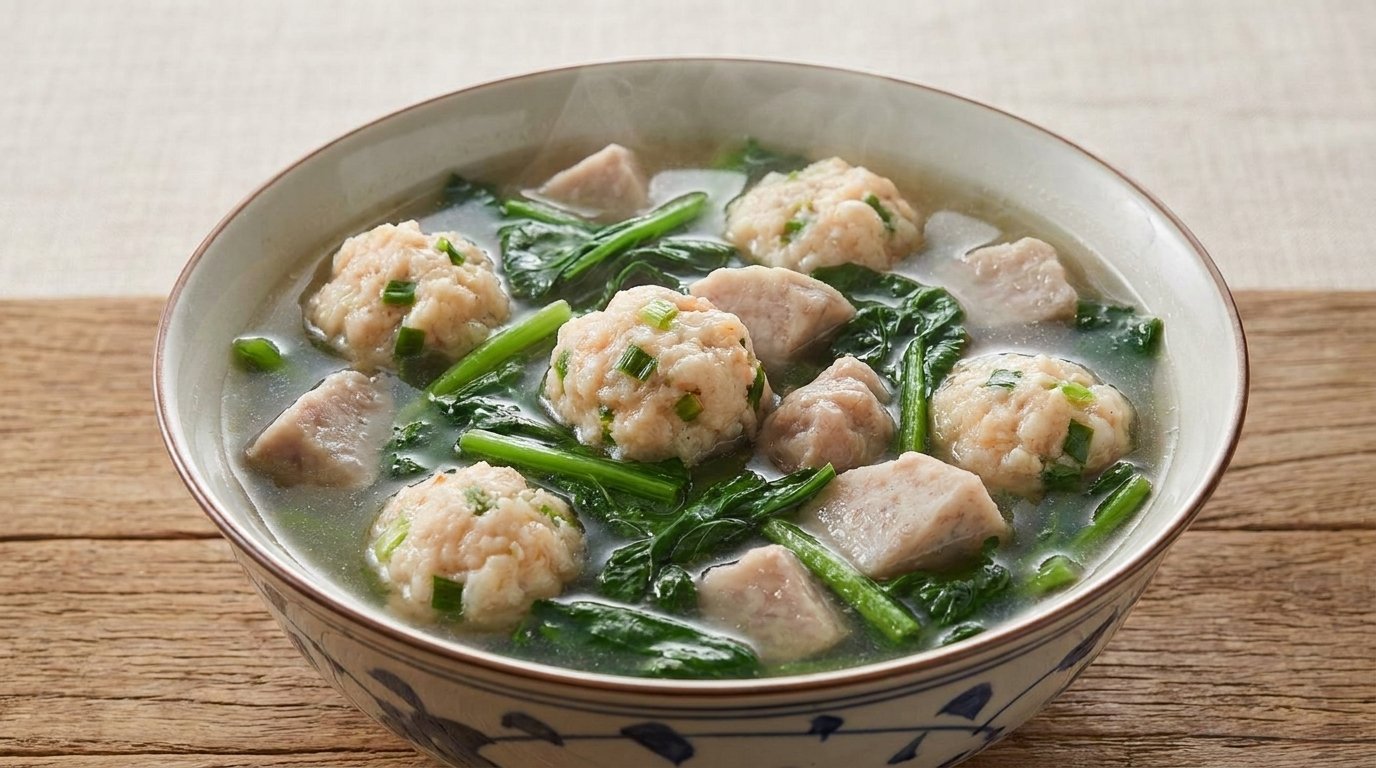 Yu Choy with Taro and Shrimp Ball Soup