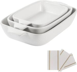 White ceramic baking dish used for casseroles and baked recipes
