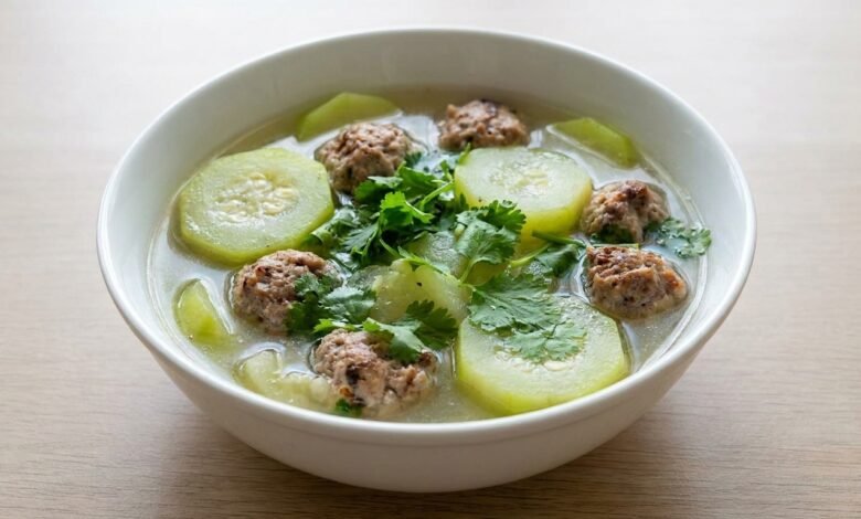 Overhead view of a bowl of Cambodian zucchini soup with pork meatballs and cilantro.