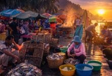 Fresh crabs and seafood at Kep Crab Market in Cambodia