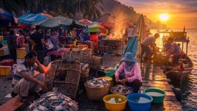 Fresh crabs and seafood at Kep Crab Market in Cambodia