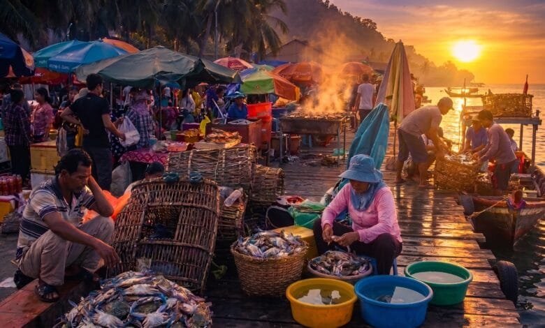 Fresh crabs and seafood at Kep Crab Market in Cambodia