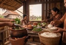 Cambodian family preparing a traditional meal with rice, fish, and vegetables in earthenware pots