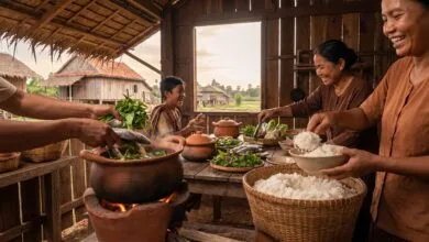 Cambodian family preparing a traditional meal with rice, fish, and vegetables in earthenware pots