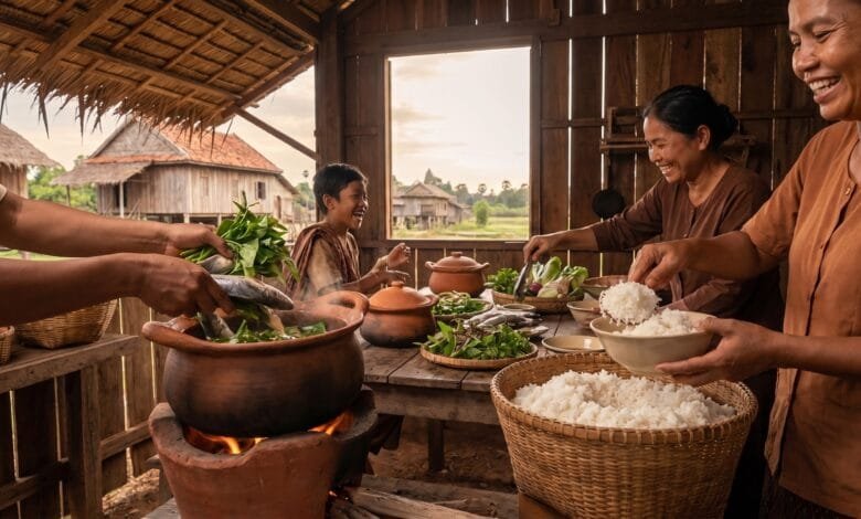 Cambodian family preparing a traditional meal with rice, fish, and vegetables in earthenware pots