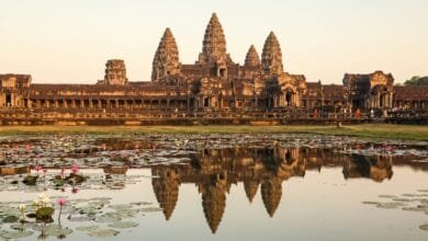 Angkor Wat temple at sunrise with its five towers reflected in the lotus pond