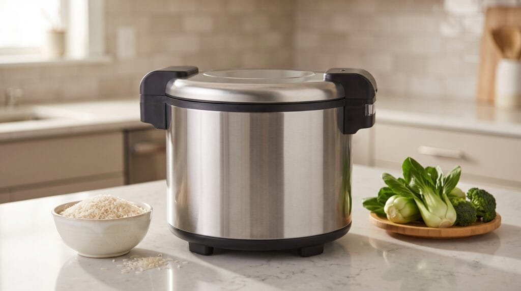 Aroma ARC-743 rice cooker on a home kitchen counter with a bowl of uncooked rice and fresh vegetables nearby