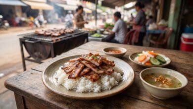 Plate of Bai Sach Chrouk with charcoal-grilled pork, steamed rice, pickled vegetables, and clear broth on a wooden table