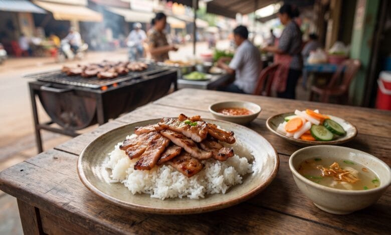 Plate of Bai Sach Chrouk with charcoal-grilled pork, steamed rice, pickled vegetables, and clear broth on a wooden table