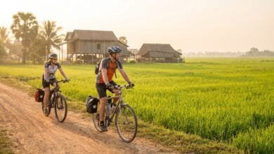 Bicycle on a rural road with rice paddies and traditional stilt houses in Battambang, Cambodia