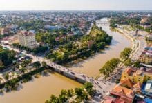 Riverside buildings and traditional architecture in Battambang, Cambodia